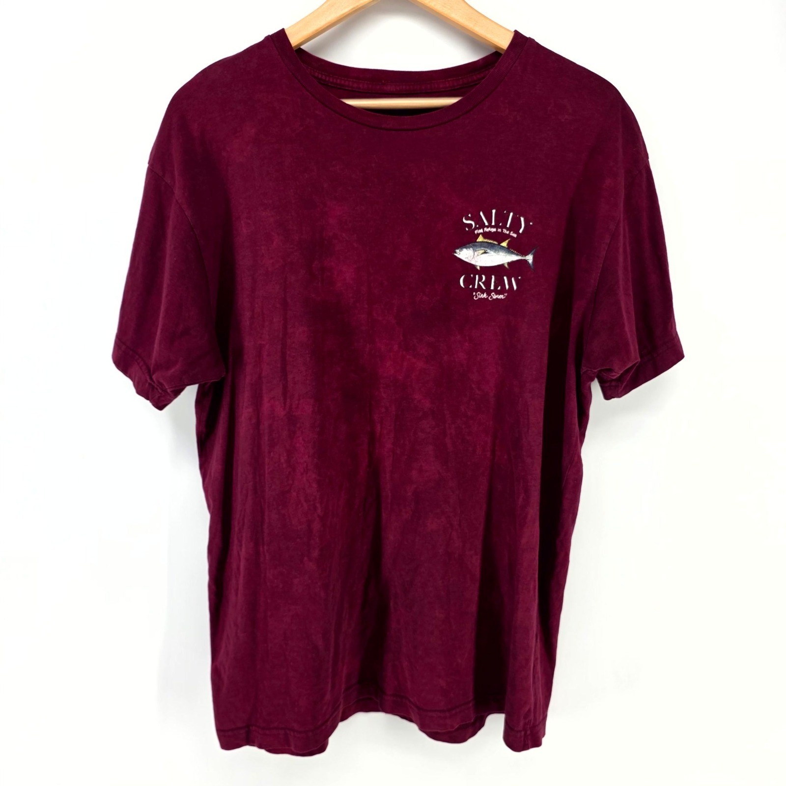 Salty Crew T Shirt Mens Large Burgundy Sink Swim Tuna Fish Graphic Short Sleeve