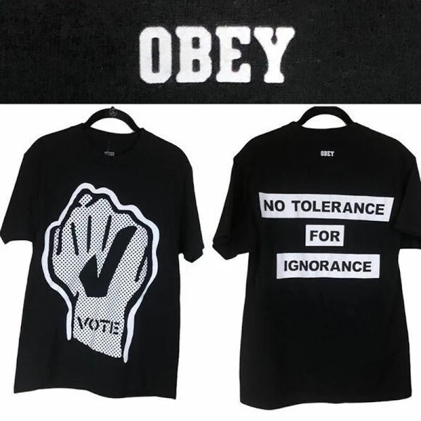 NEW OBEY Awareness Black White VOTE NO TOLERANCE FOR IGNORANCE Cotton T-Shirt L