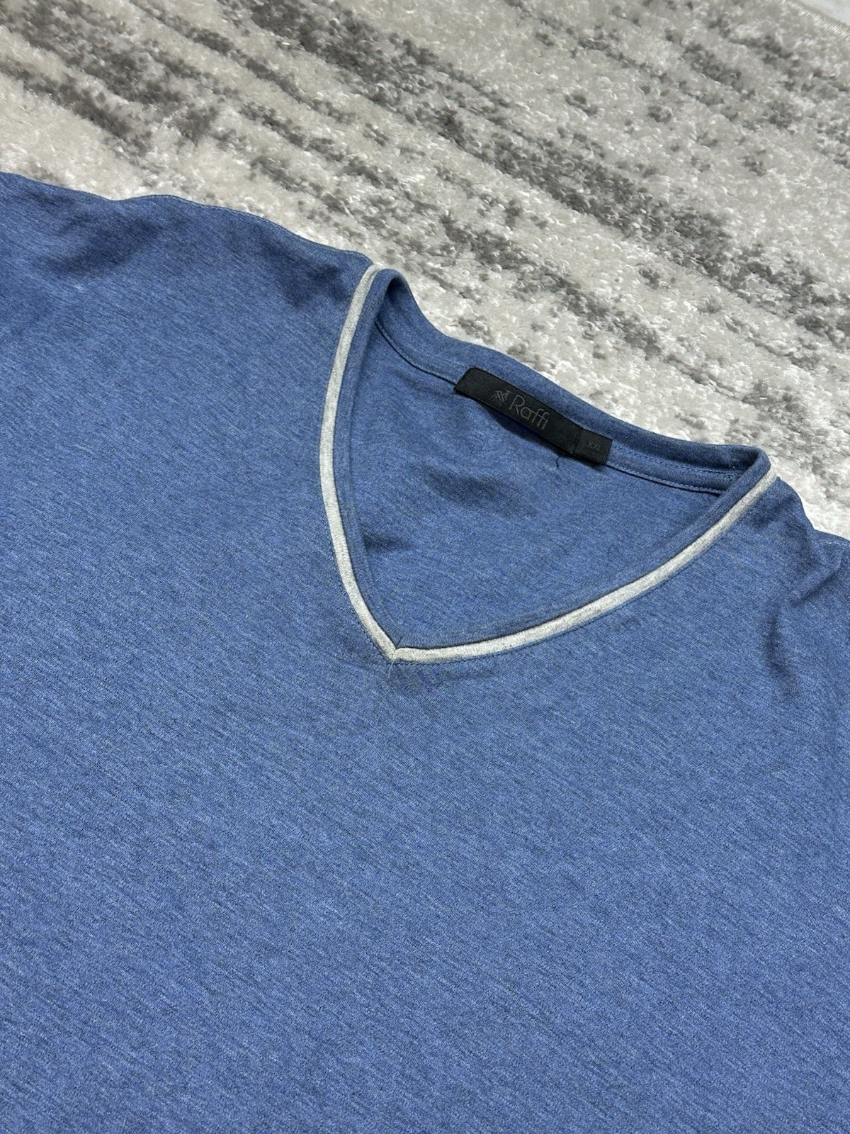 Raffi Shirt Mens 2XL Blue Trim V Neck Tee 100% Cotton Soft Lightweight