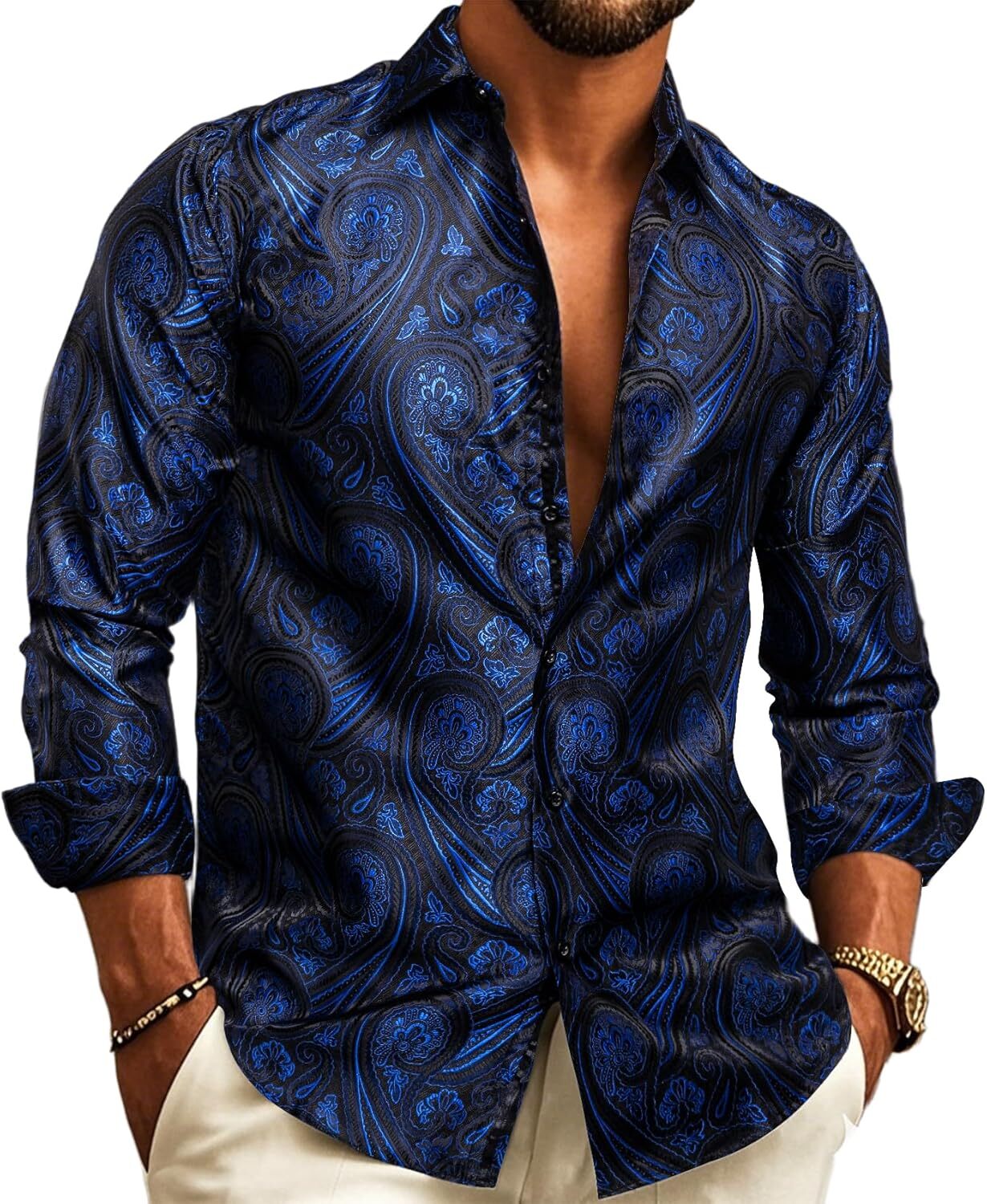 Mens Silk Paisley Western Shirt Long Sleeve Button Down Cowboy Dress Top Casual