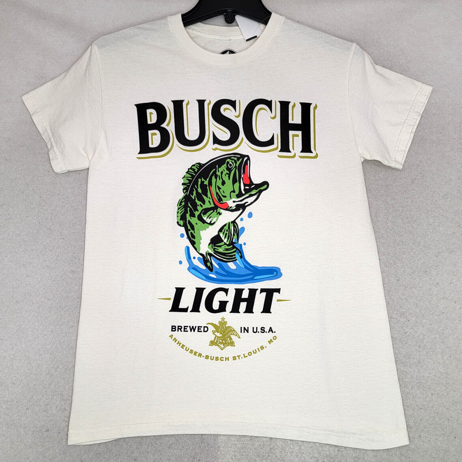 BUSCH LIGHT Beer Shirt Mens Small White Brew Fishing Bass Casual Hunting NWT