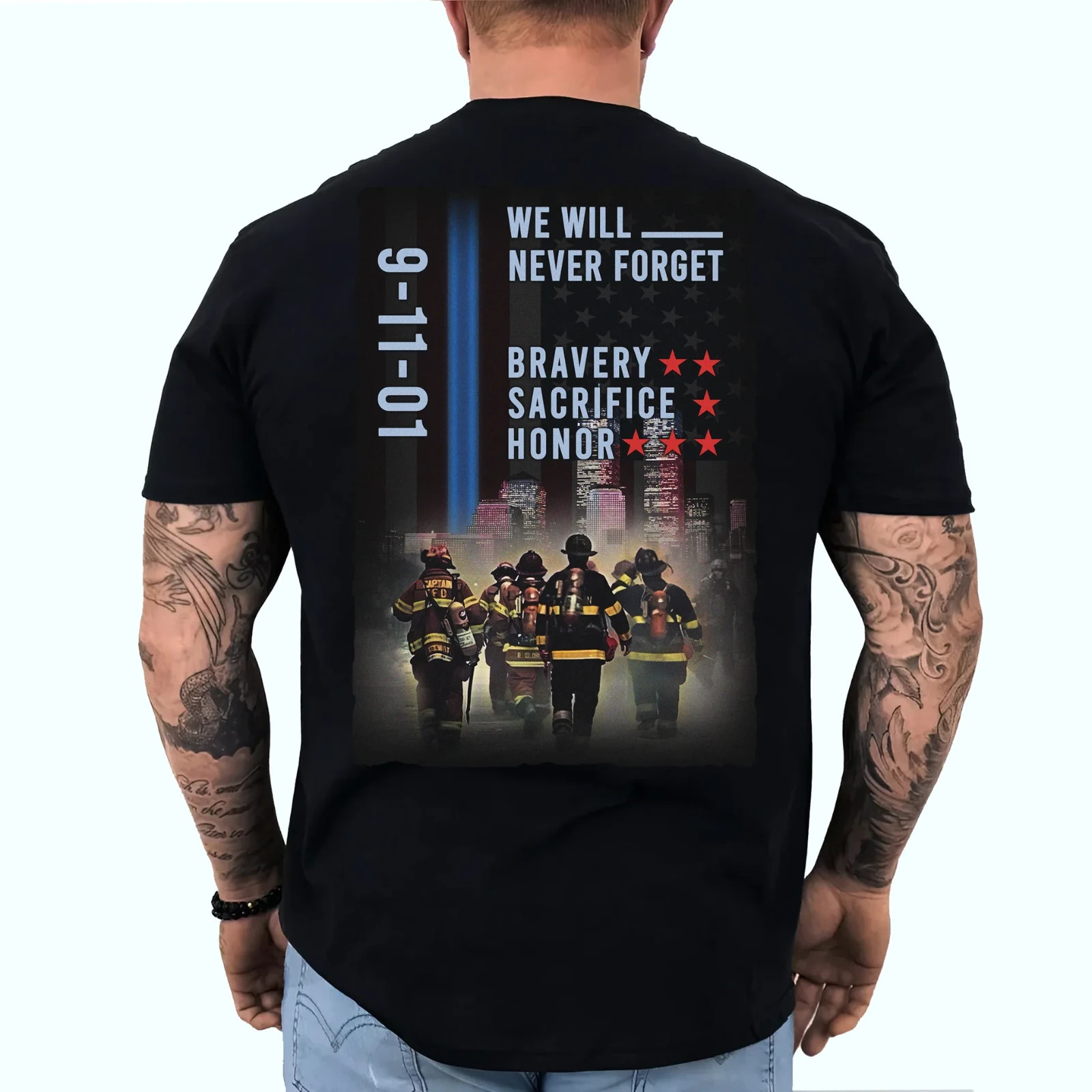 Patriotic 9/11 T-Shirt We Will Never Forget Bravery Sacrifice Honor Tee S-5XL