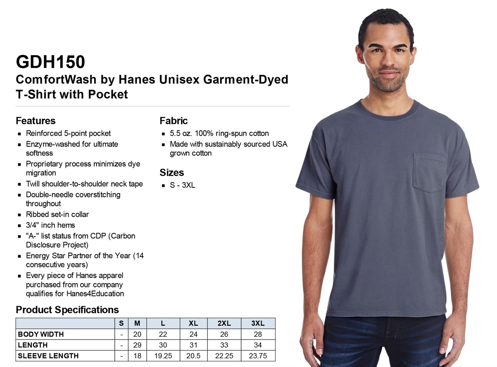 Hanes Mens ComfortWash 100% Cotton Garment-Dyed Pocket T-Shirt GDH150