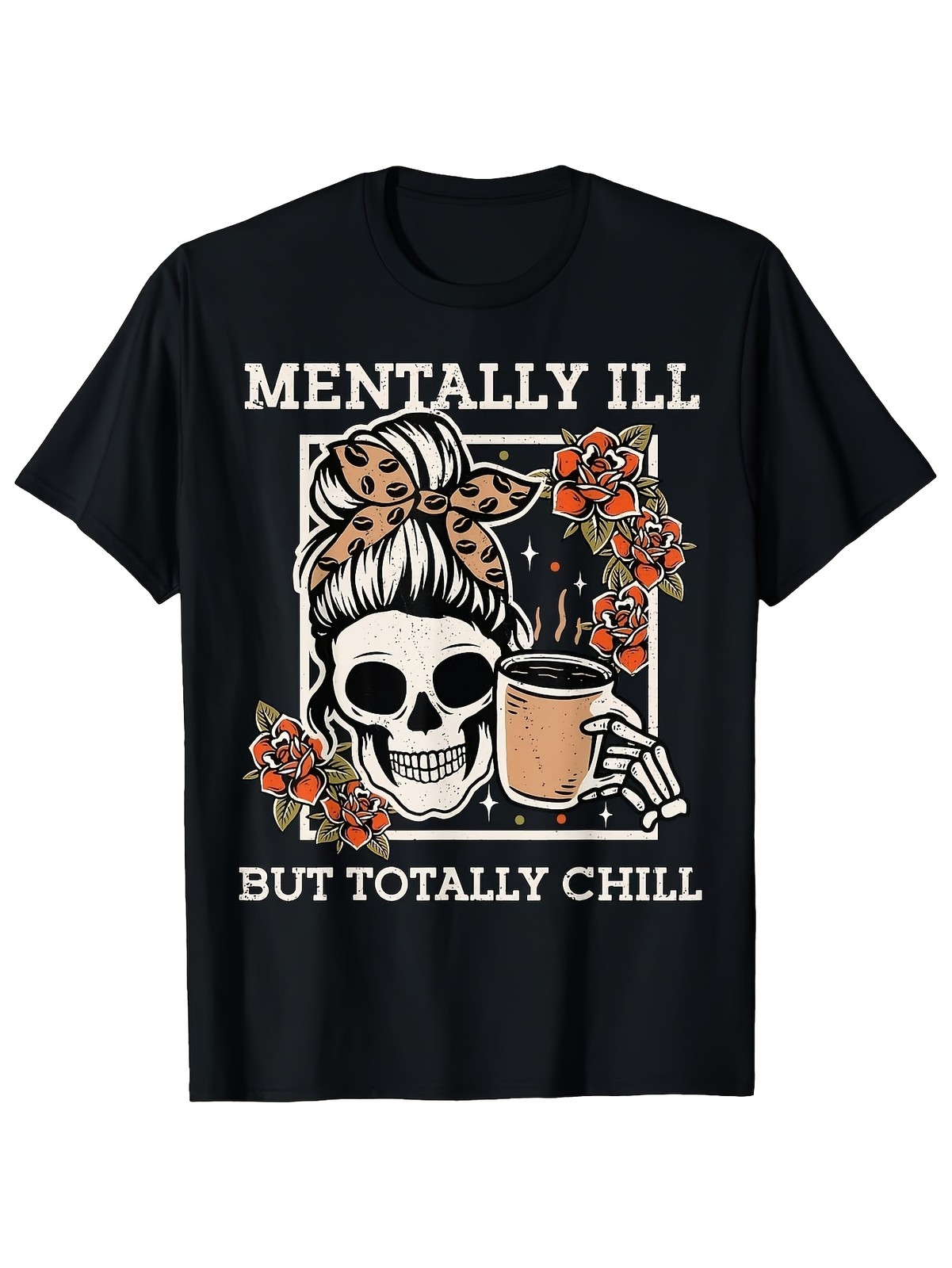 Crew Neck T Shirt with a Single Sided Print Featuring a Skeleton Design