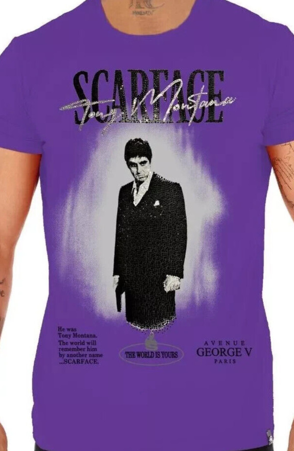 Avenue George V Paris Tony Montana Scarface Men’s Purple T-Shirt Rhinestone