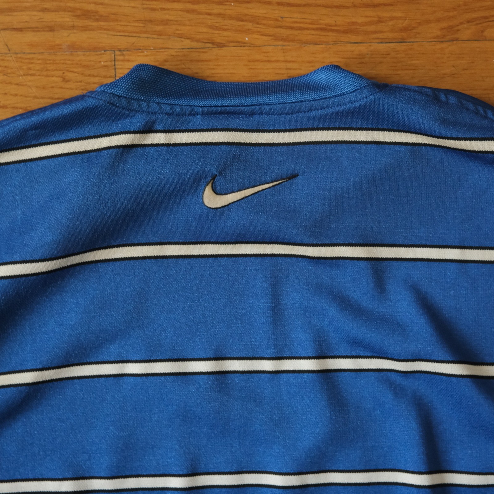 Nike 90s Striped T Shirt Blue Embroidered Center Swoosh Vintage Size M Sporty