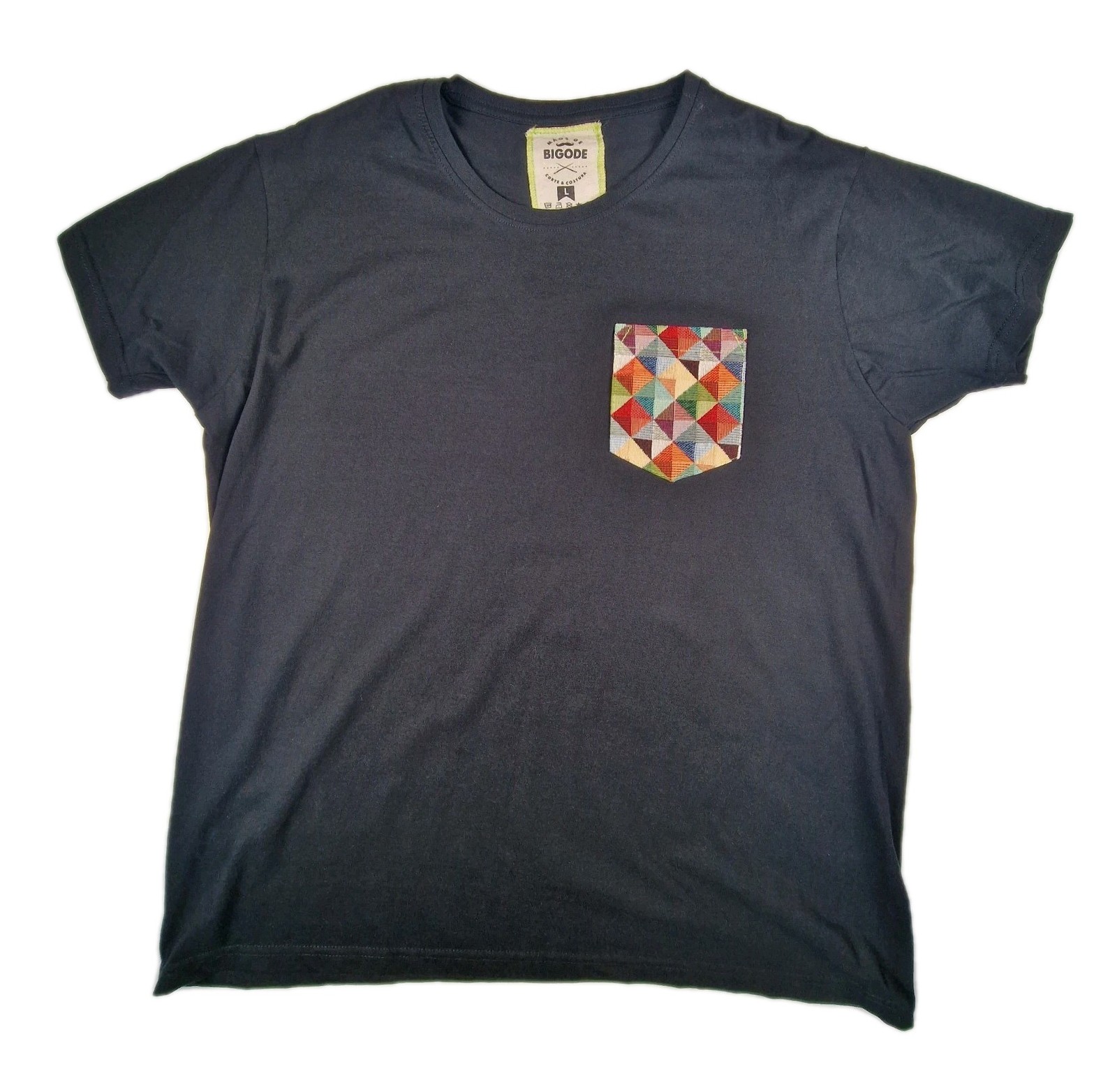 Bigode Mens T Shirt Navy Geometric Pocket Tee Mens L Casual Cotton Portuguese