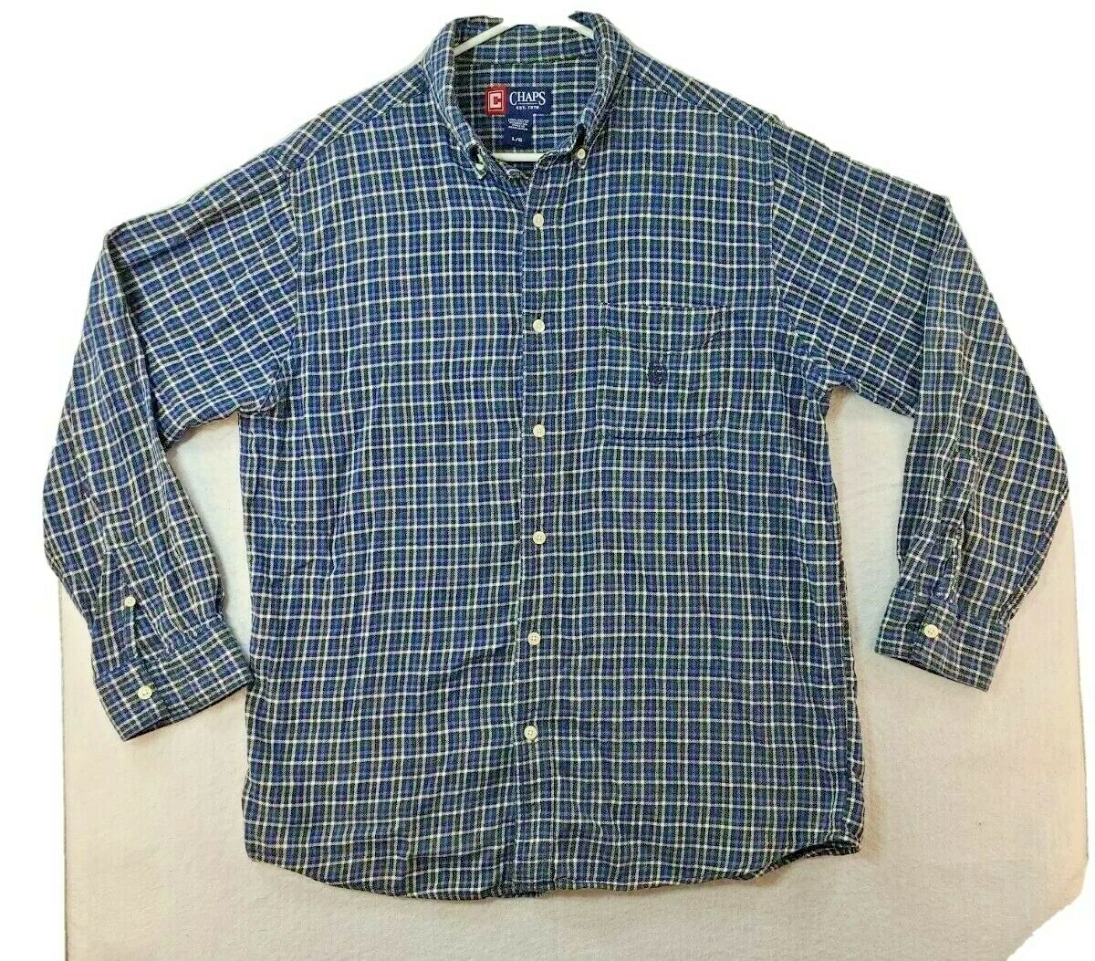 Chaps Mens Large Blue Plaid Long Sleeve Button Up Flannel Shirt