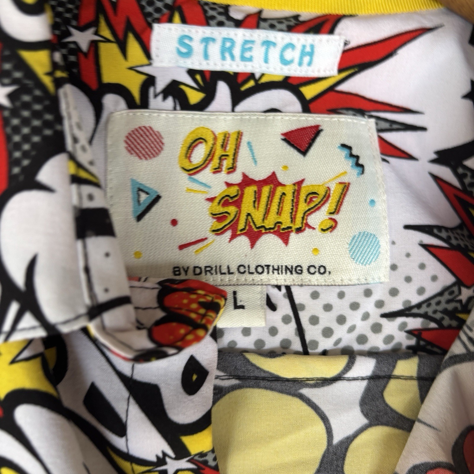 Comics Button Up Stretch Shirt Men’s Large “Colorful Bang Whack Boom Wow Pow”