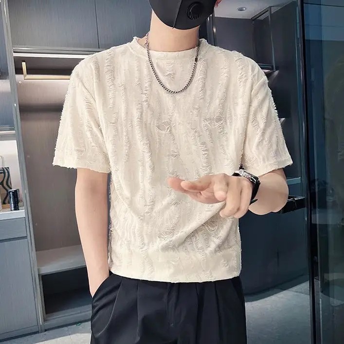 Mens Distressed Textured Short Sleeve T-Shirt Trendy Ripped Summer Crew Neck Tee