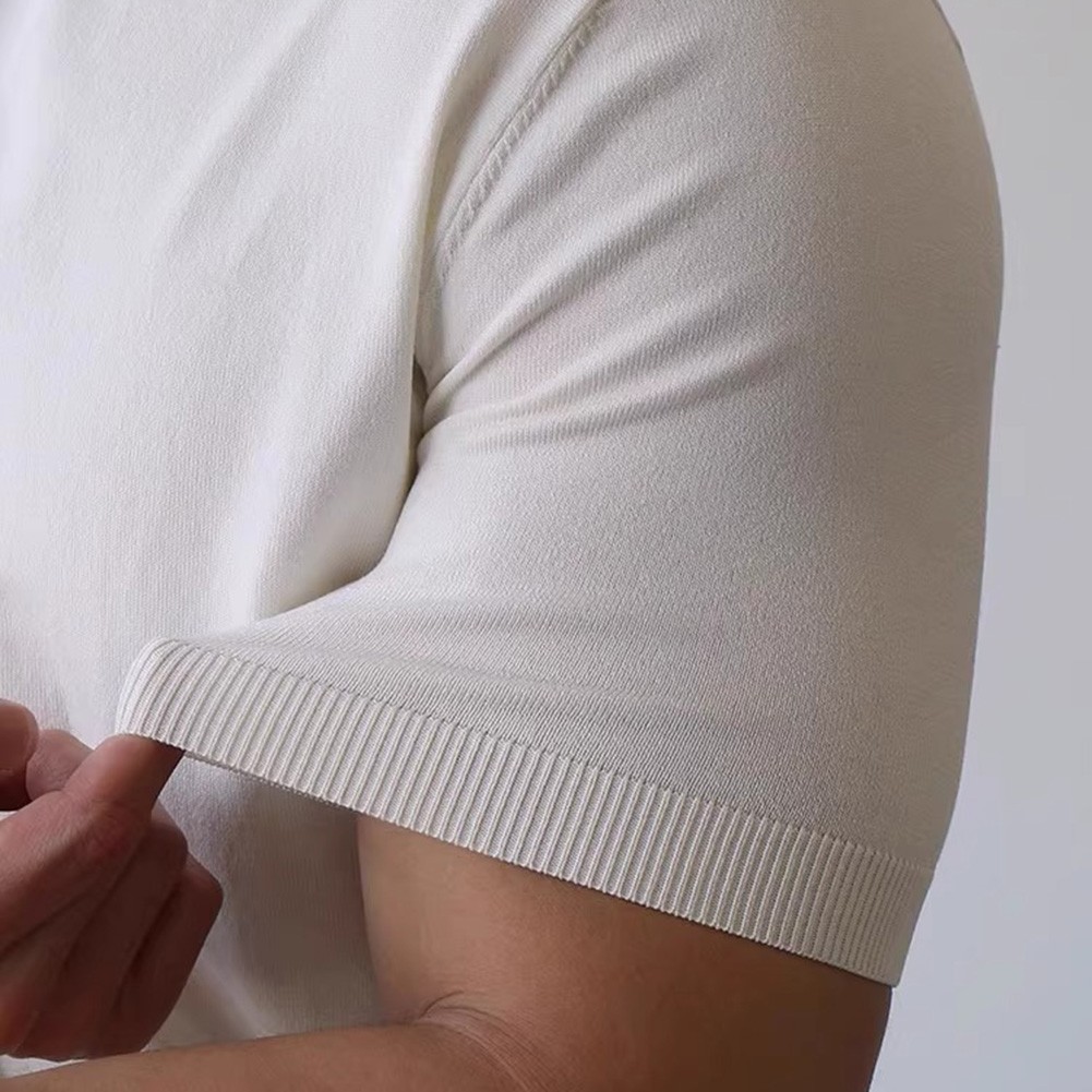 Mens Knitted Half-High Collar Short Sleeve T-Shirt Casual Slim Knit Pullover Top