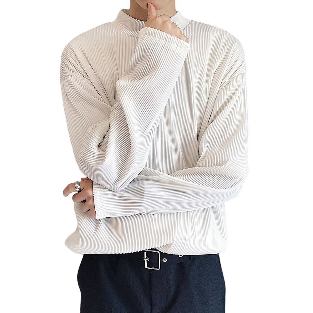 Mens Casual Pleated Drape Half Turtleneck T Shirt for Daily Wear and Commuting