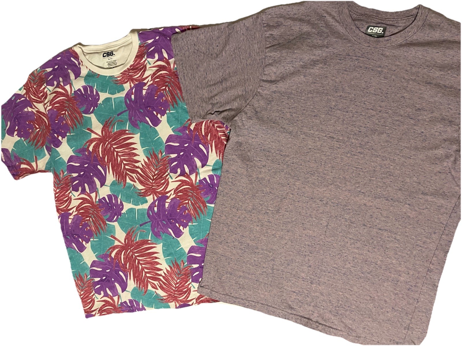 Lot 2 CSG men’s T Shirts heathered Purple & Floral Leaf Print summer Size XL