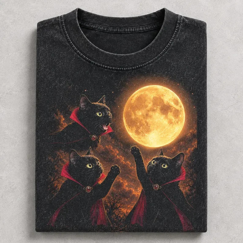 Black Cat Halloween Shirt Vampire Cats Full Moon Graphic Tee Gildan Unisex