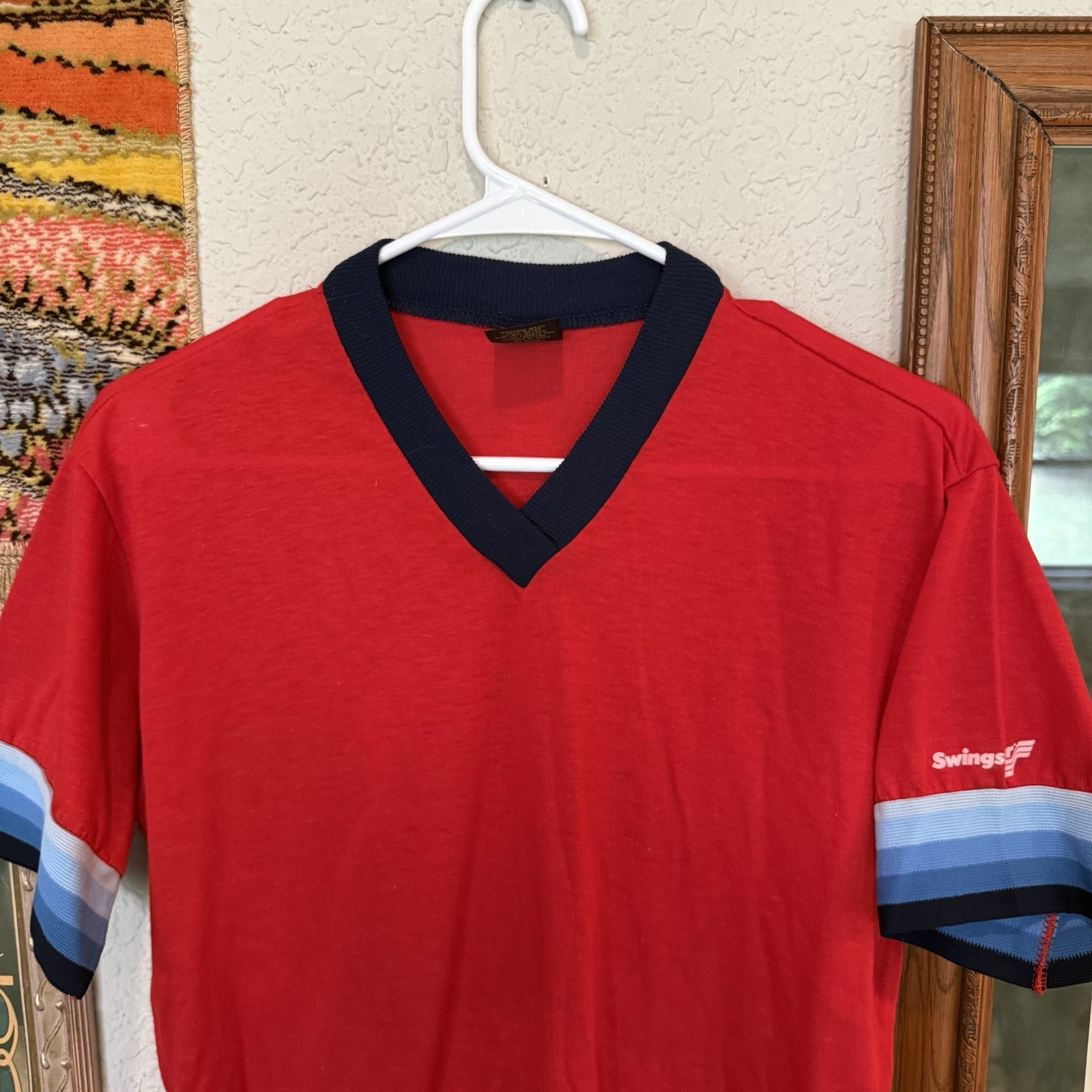 Vintage 70s RARE Swingster Solid/Striped Sleeves V-Neck Unisex Shirt Size Medium