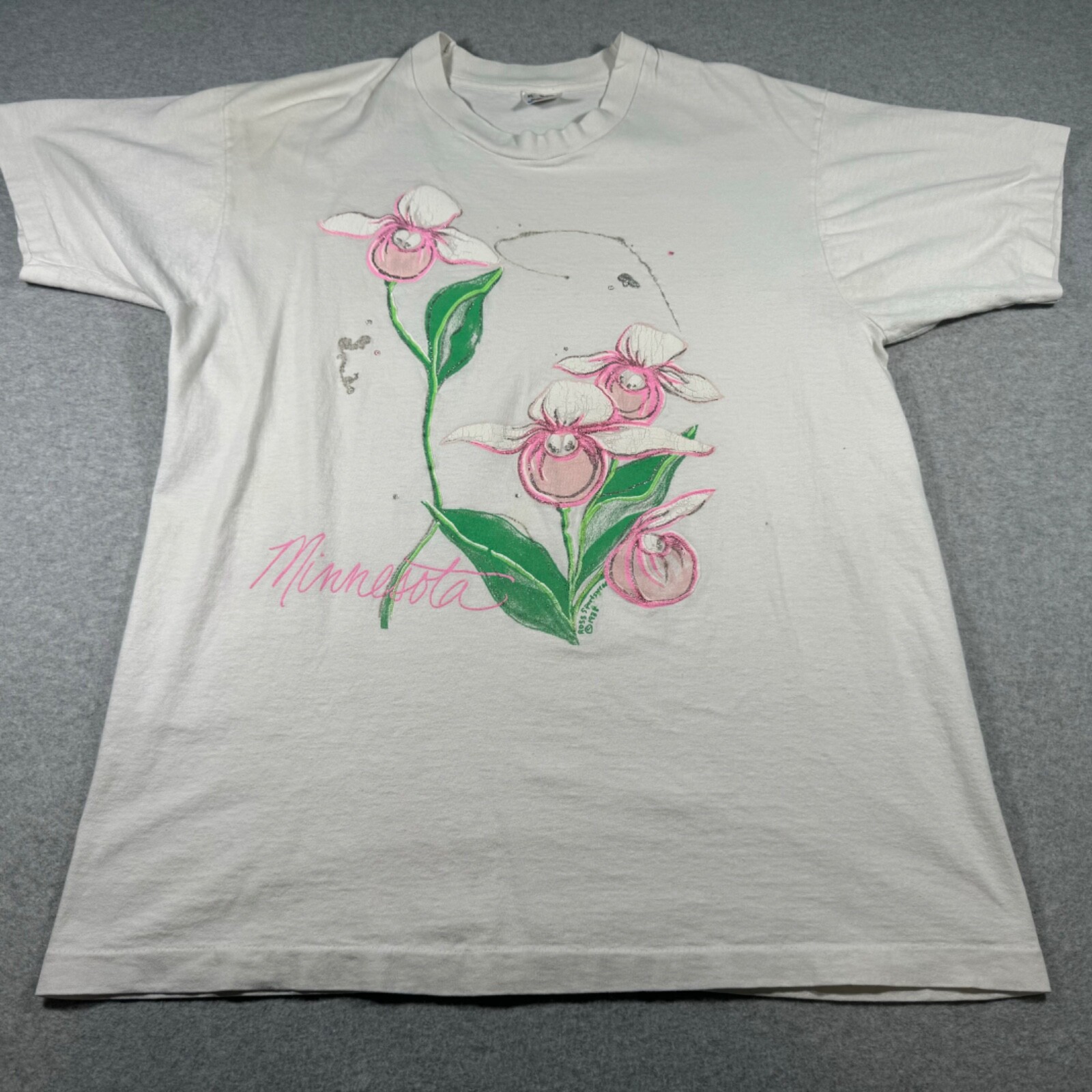 Vintage Minnesota Shirt Adult Large White Single Stitch Flowers Mens 90s Painted
