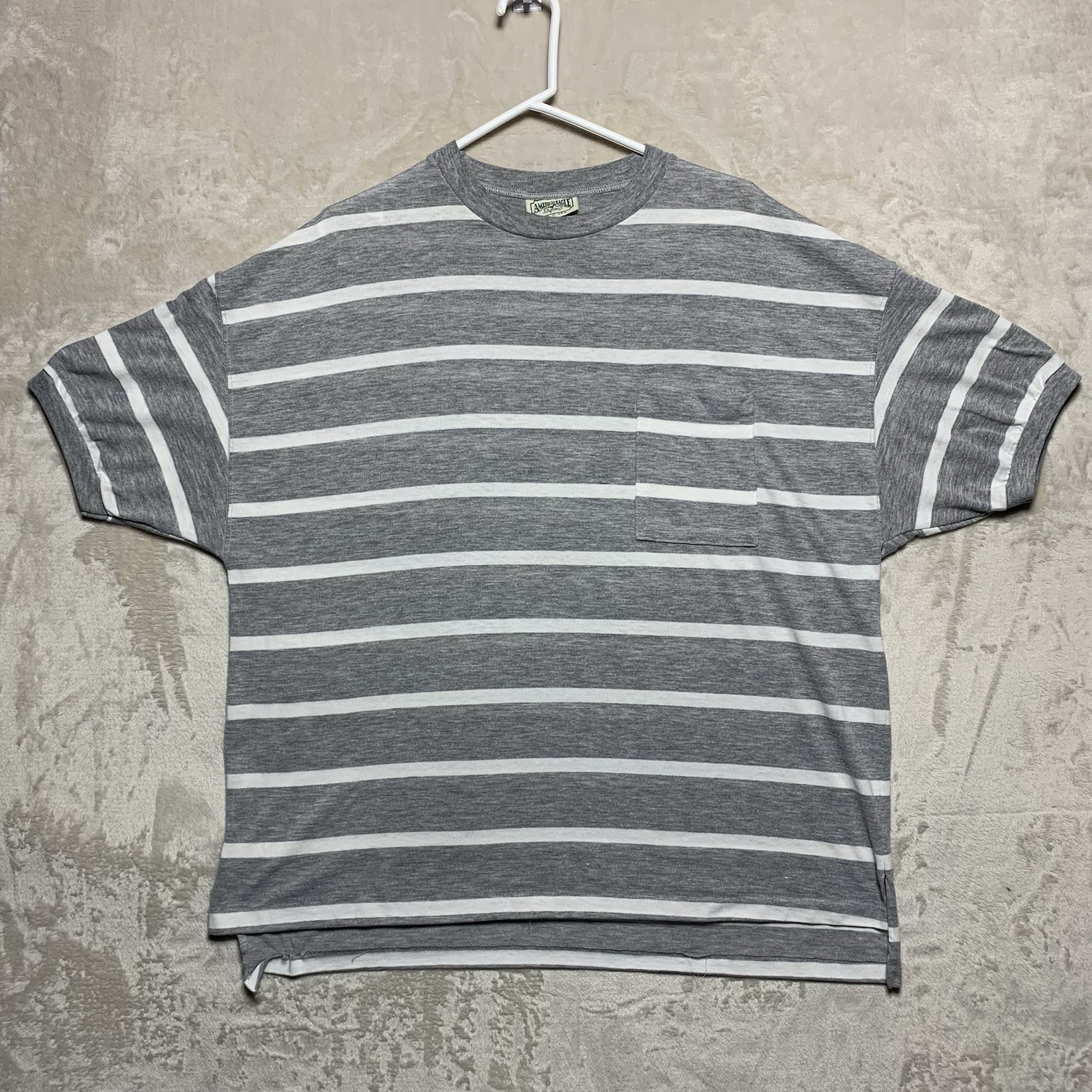 Vintage American Eagle T Shirt Mens XL Grey White Striped Pocket Made In USA 90s