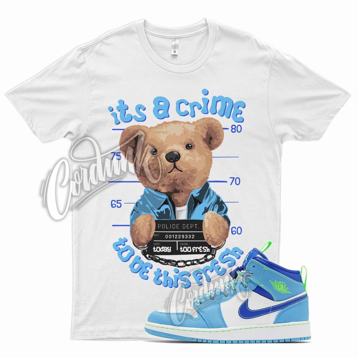 White CRIME T Shirt for Air J1 1 Mid SE Dark Powder Blue Green Racer