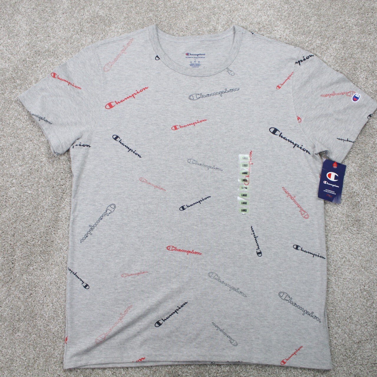 Champion AOP Shirt NWT Mens Large Gray All Over Cotton/Poly Blend S/S Pullover