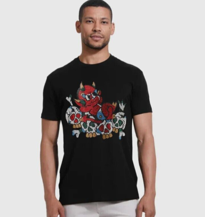 New Men Luxury Rhinestones Gothic Fashion Skull Black WhiteT-Shirt High Quality