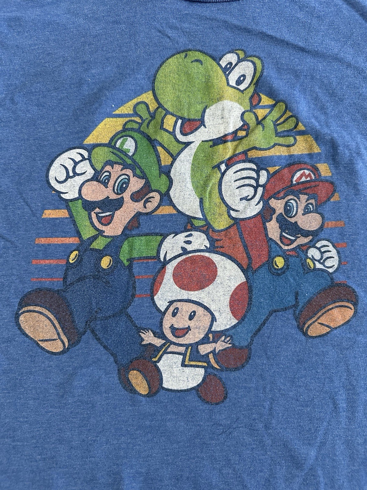 Nintendo Mario Bros Large Blue T-Shirt Luigi Yoshi Toad Gamer Tee