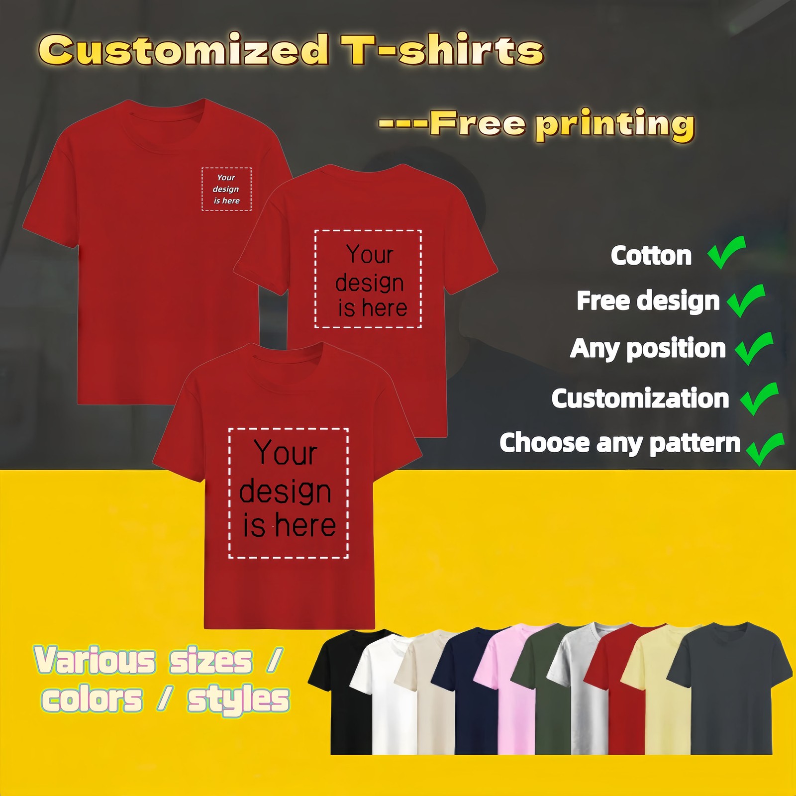 Personalized T-shirts, customizable with your text,photos or logo made of cotton