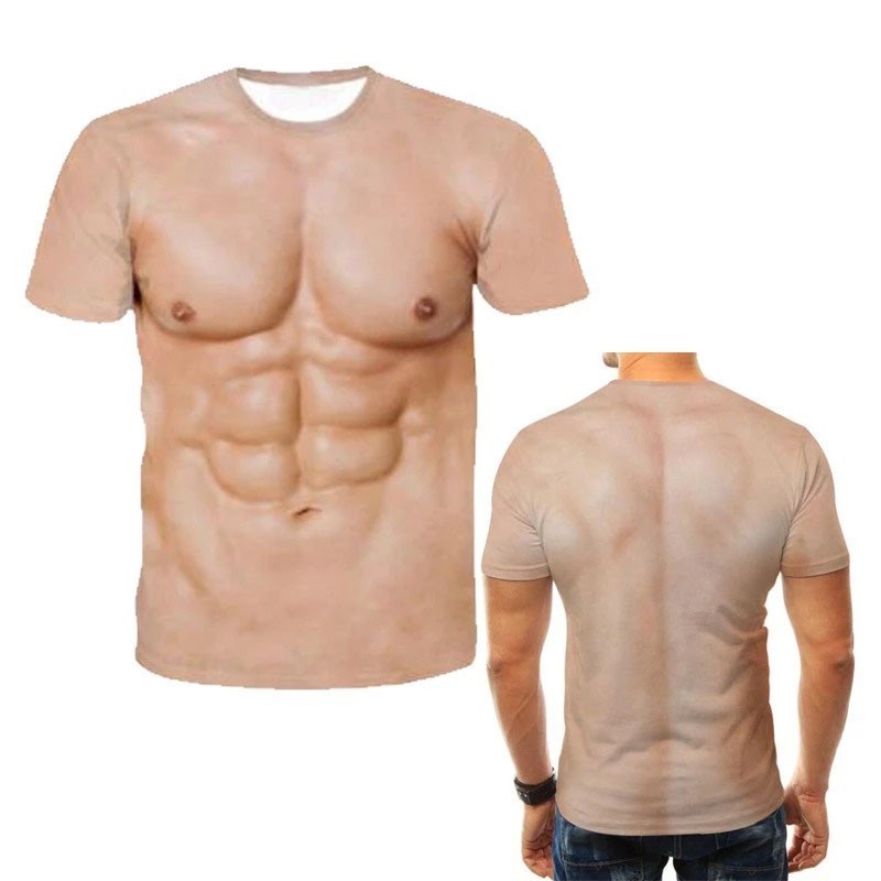 Funny 3D Muscles Six Pack Abs T-Shirt Realistic Chest Bodybuilding Costume