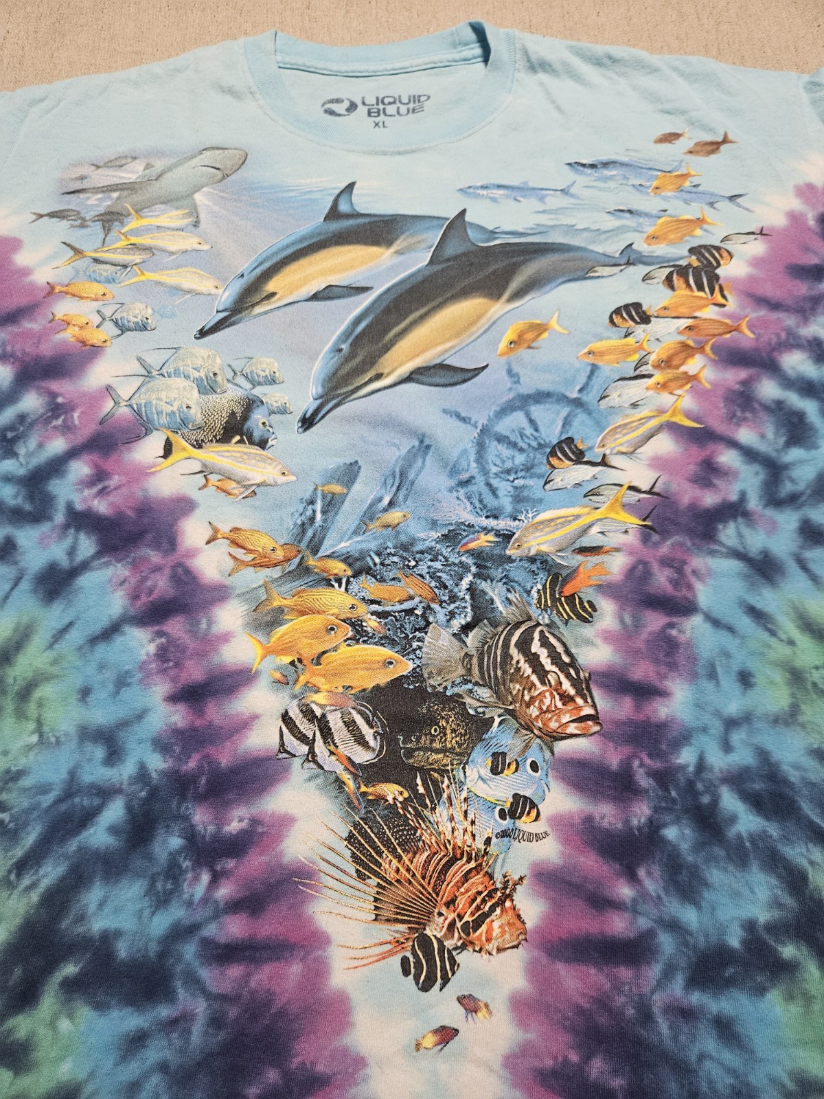 2000 Liquid Blue Y2K Aquatic Sea Life Dolphin Octopus Tie Dye TShirt XL Nature