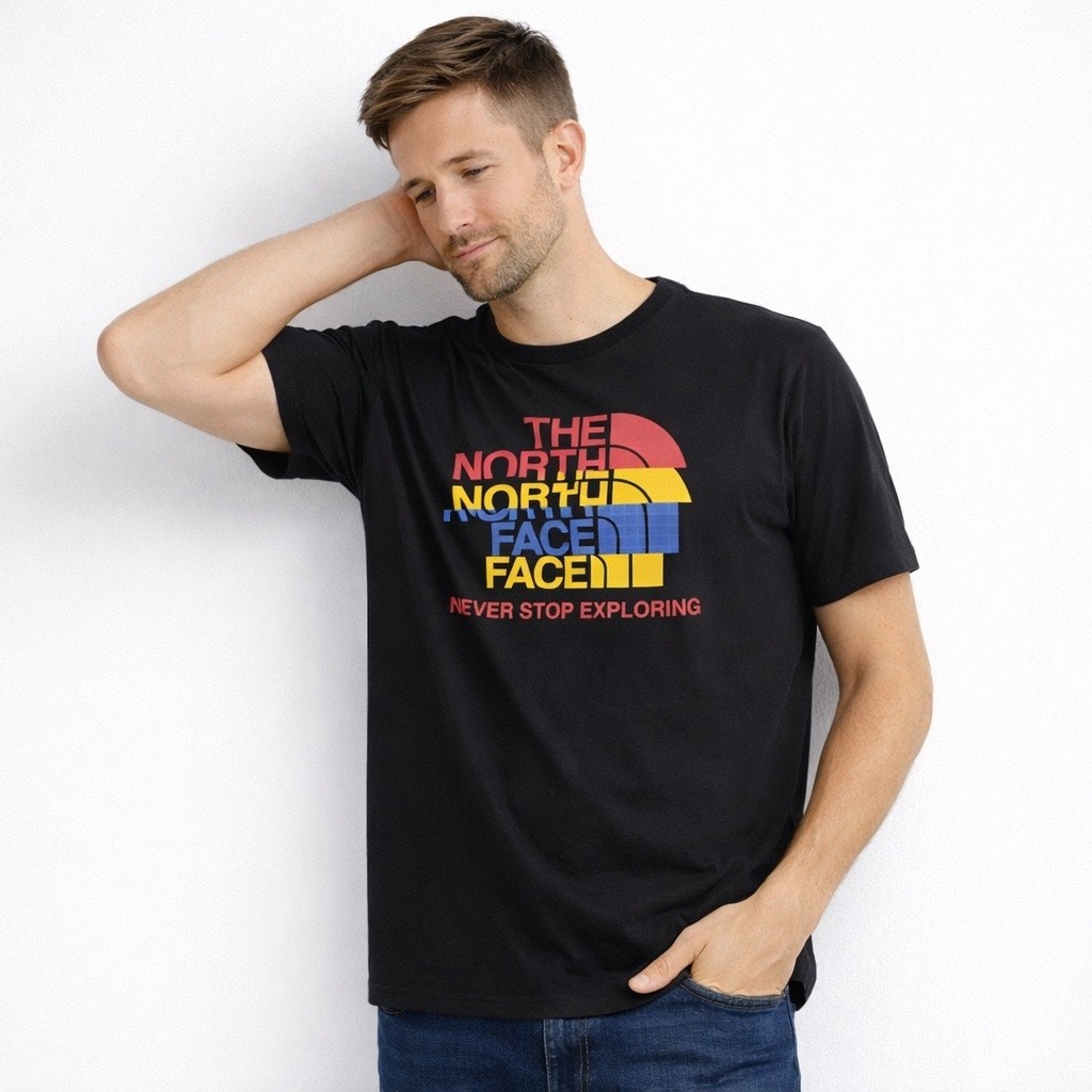 The North Face T-Shirt Mens Large Black Multicolor BIG Spell Out Logo Crew Neck