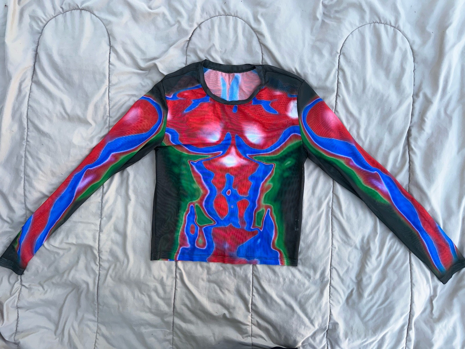 Fever City Red, Blue Black Vibrant Body Heat Map Print Long Sleeve Mesh Tee M
