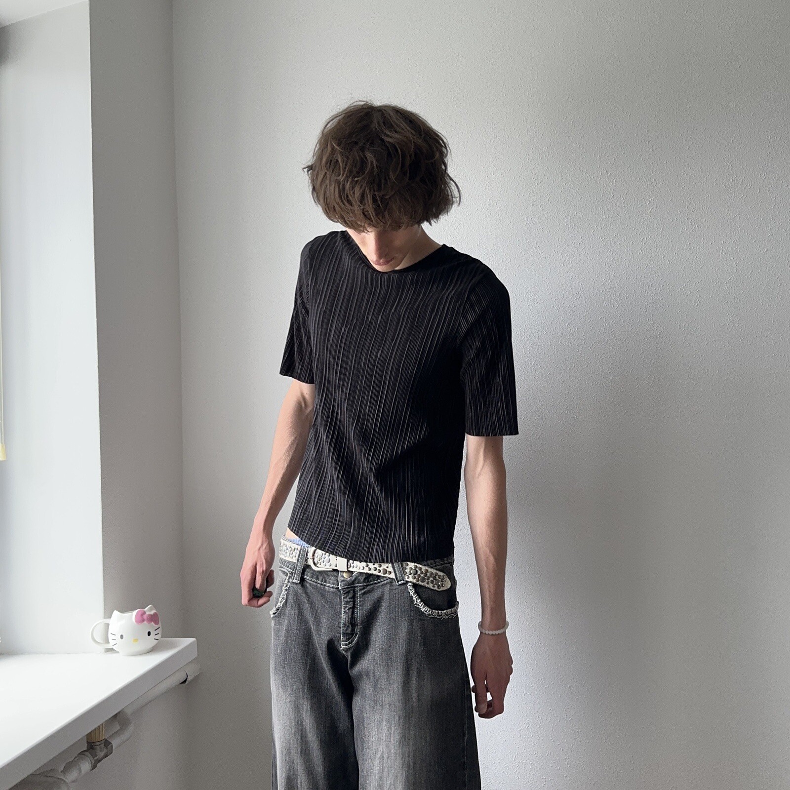 Japan Unbranded Issey Pleats Please Style Vintage Black Pleated T Shirt