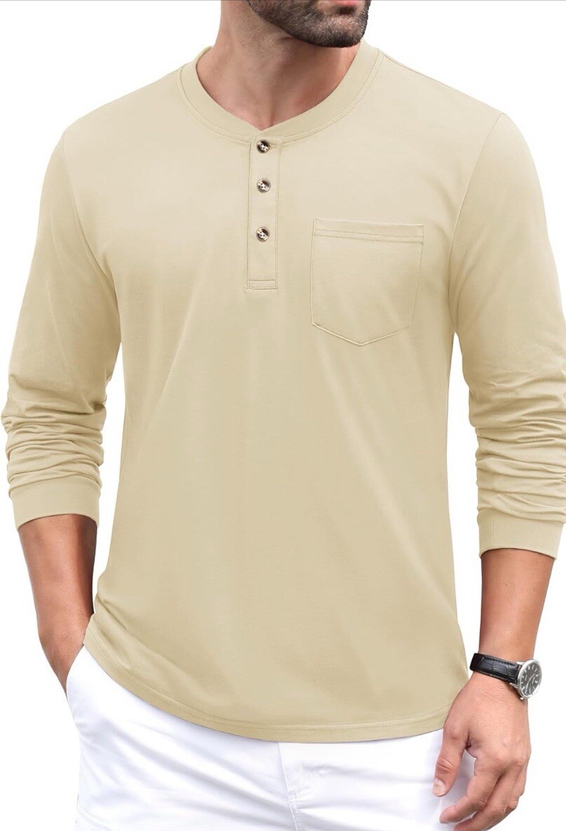 MAGCOMSEN Mens Henley Long Sleeve Shirts Cotton Pocket Light Apricot Size L
