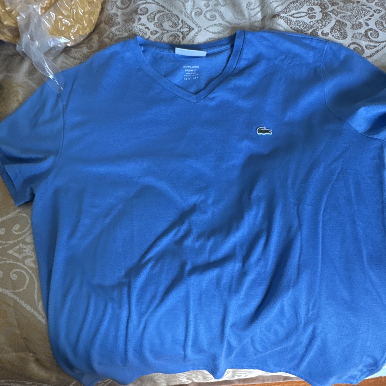 Lacoste Men’s Blue V-Neck Short Sleeve Regular Fit Logo Pima Cotton Tee L