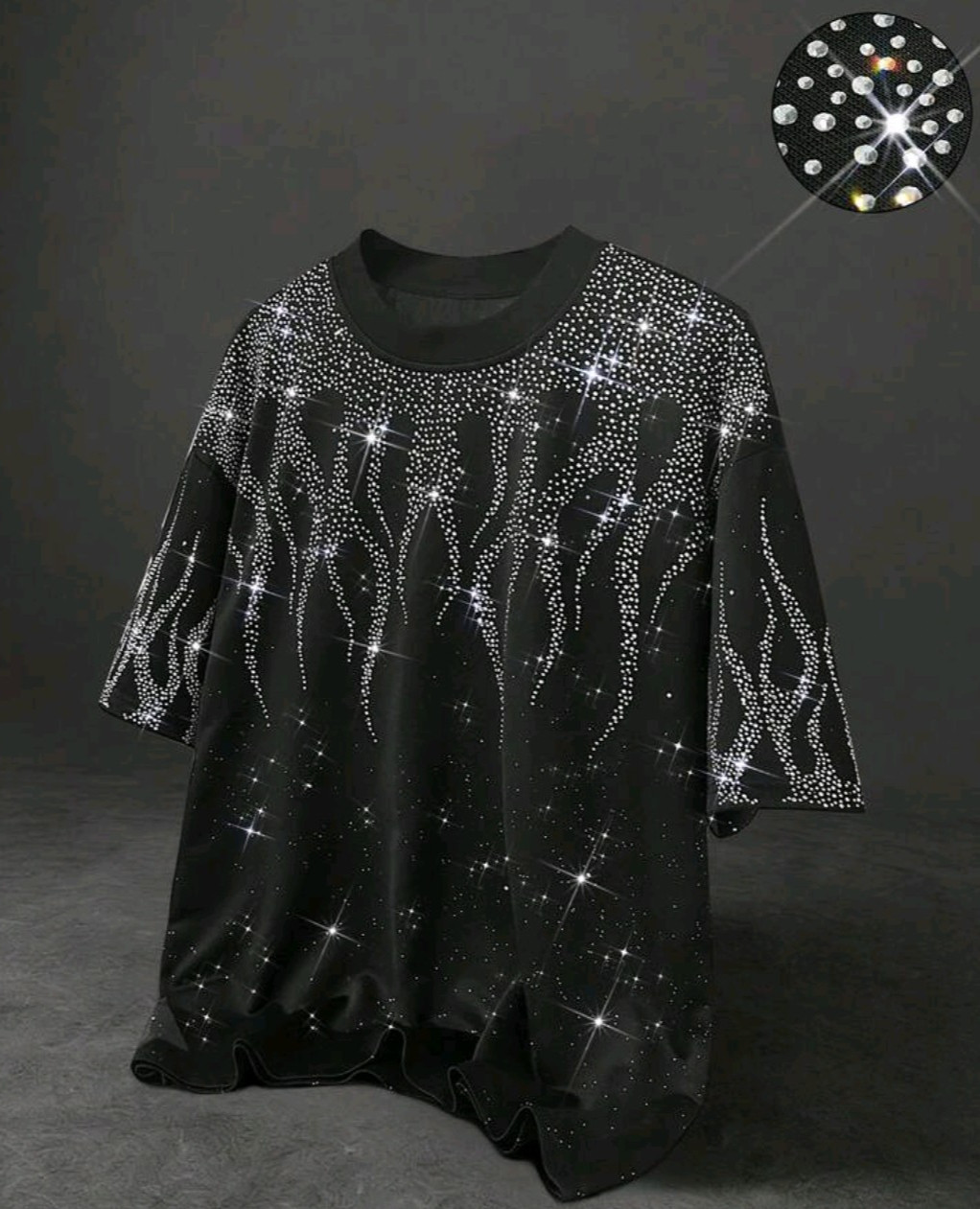 New Men Luxury Diamond Flame Rhinestones Fashion Black T-Shirt High Quality