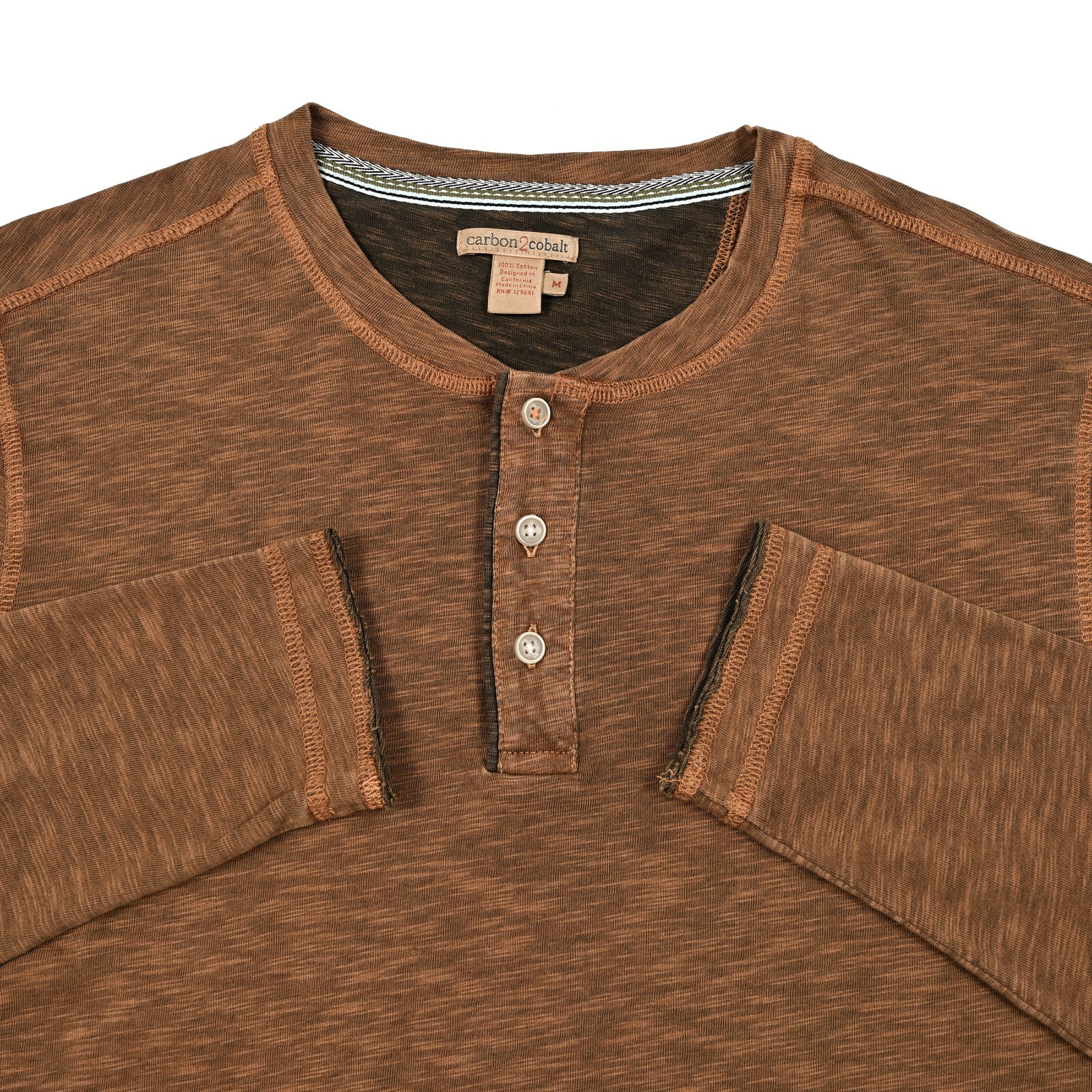 Carbon 2 Cobalt Men’s M Heather Brown Cotton Long Sleeve Henley Shirt Casual