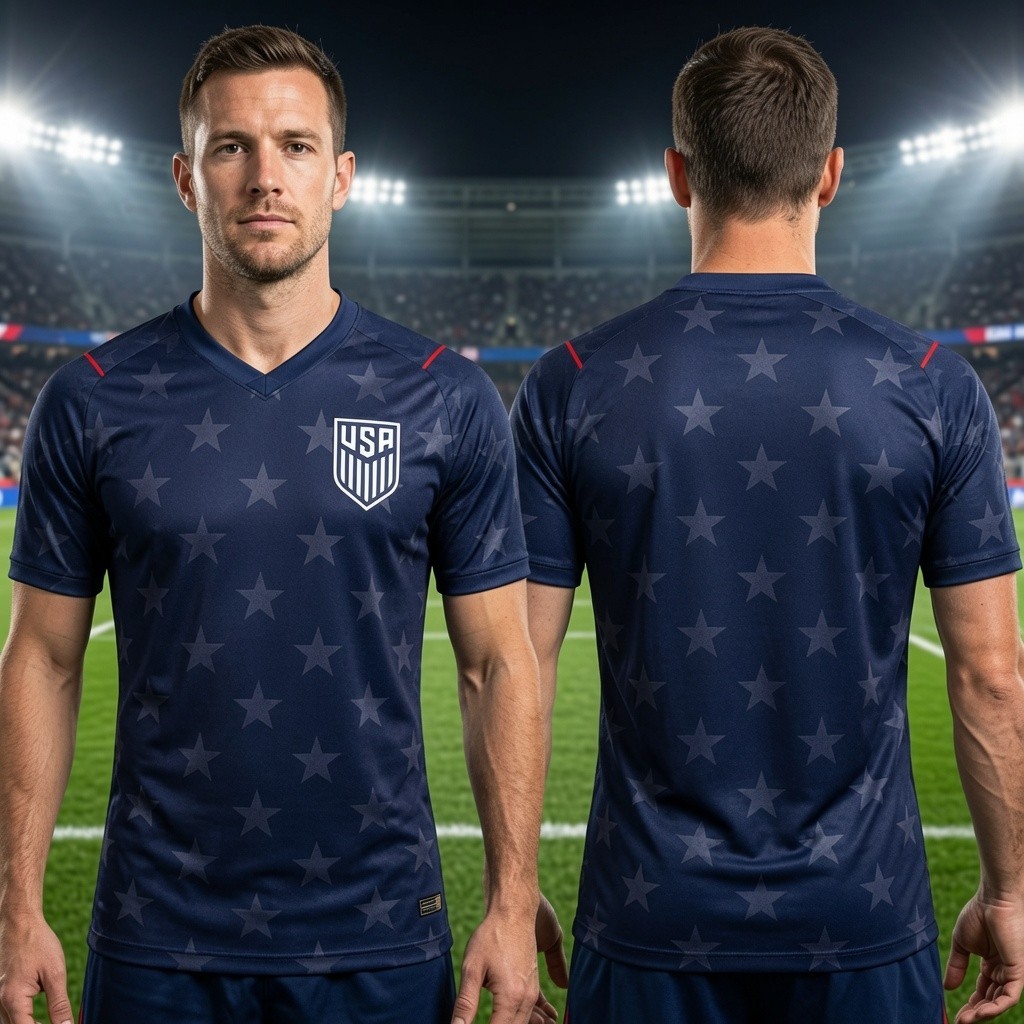 USA Soccer Jersey Shirt Navy Stars V-Neck Short Sleeve Unisex Tee For Fans