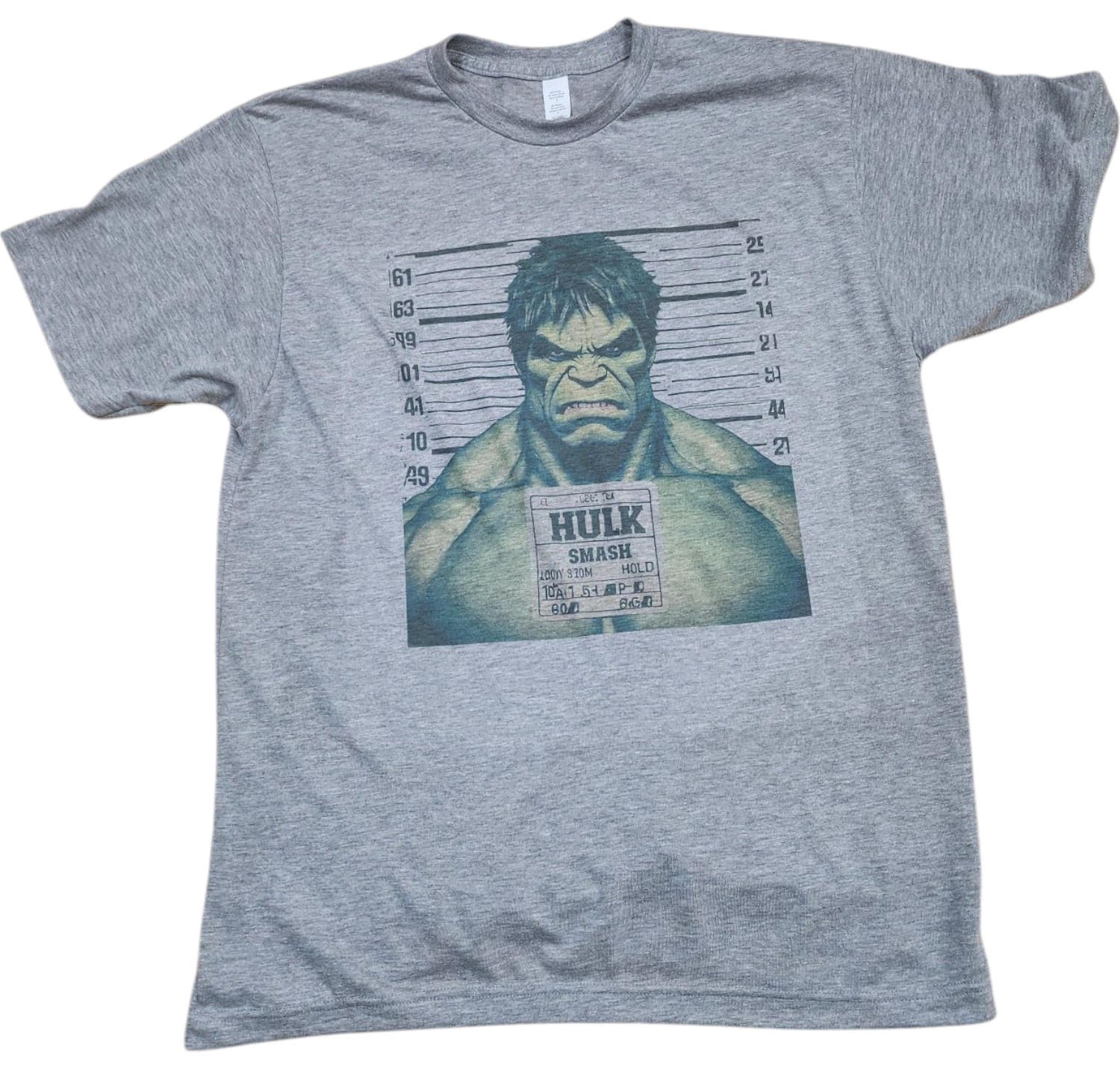 Men’s Hulk T-shirt mugshot incredible hulk Marvel comics color Gray