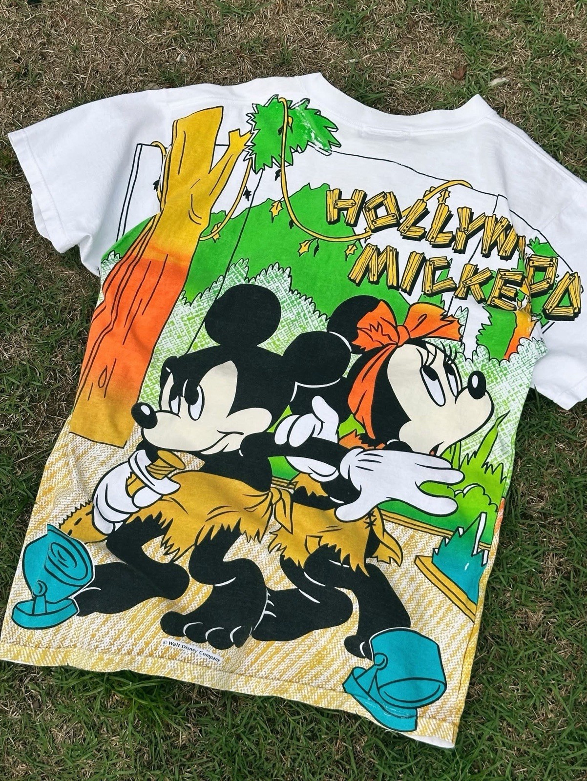 Vintage Mickey Hollywood T-shirt 90s Aop Rare Large White Disney Minnie