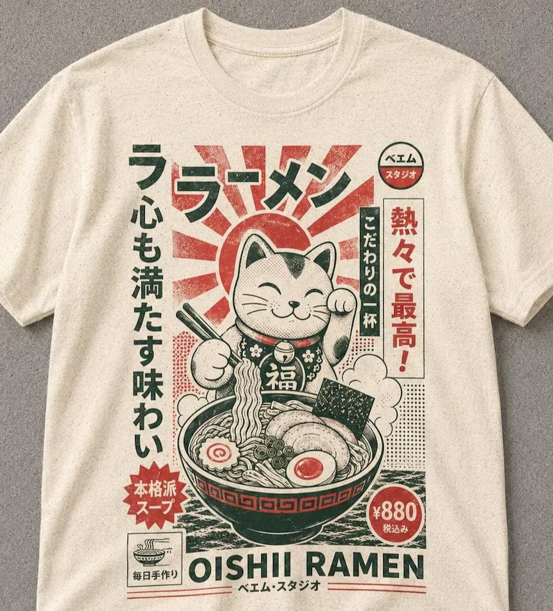 Maneki Neko Ramen T-Shirt Japanese Lucky Cat Kawaii Anime Foodie Graphic Otaku