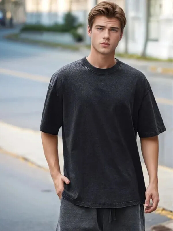 Summer Men’s Washed T-Shirts 230G Heavy Cotton Vintage Faded Color Oversized