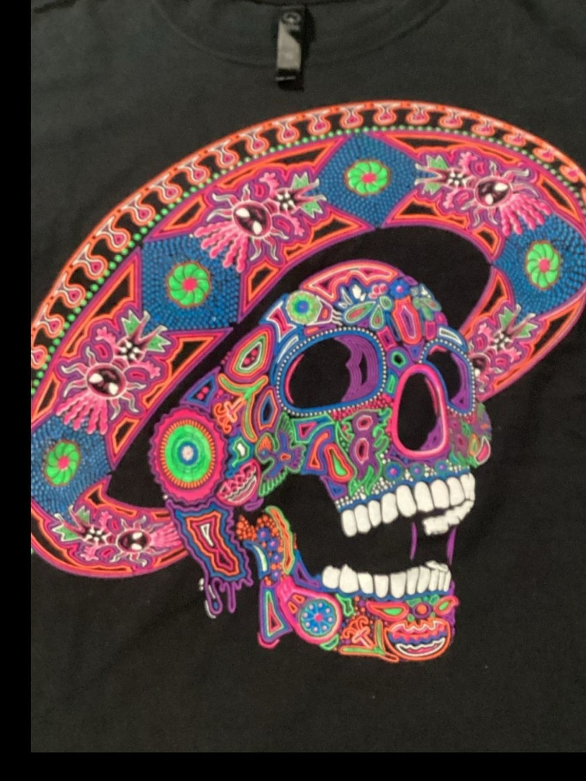 Source Unknown Black Short Sleeve Tee with Neon Sugar Skull Sombrero new wot
