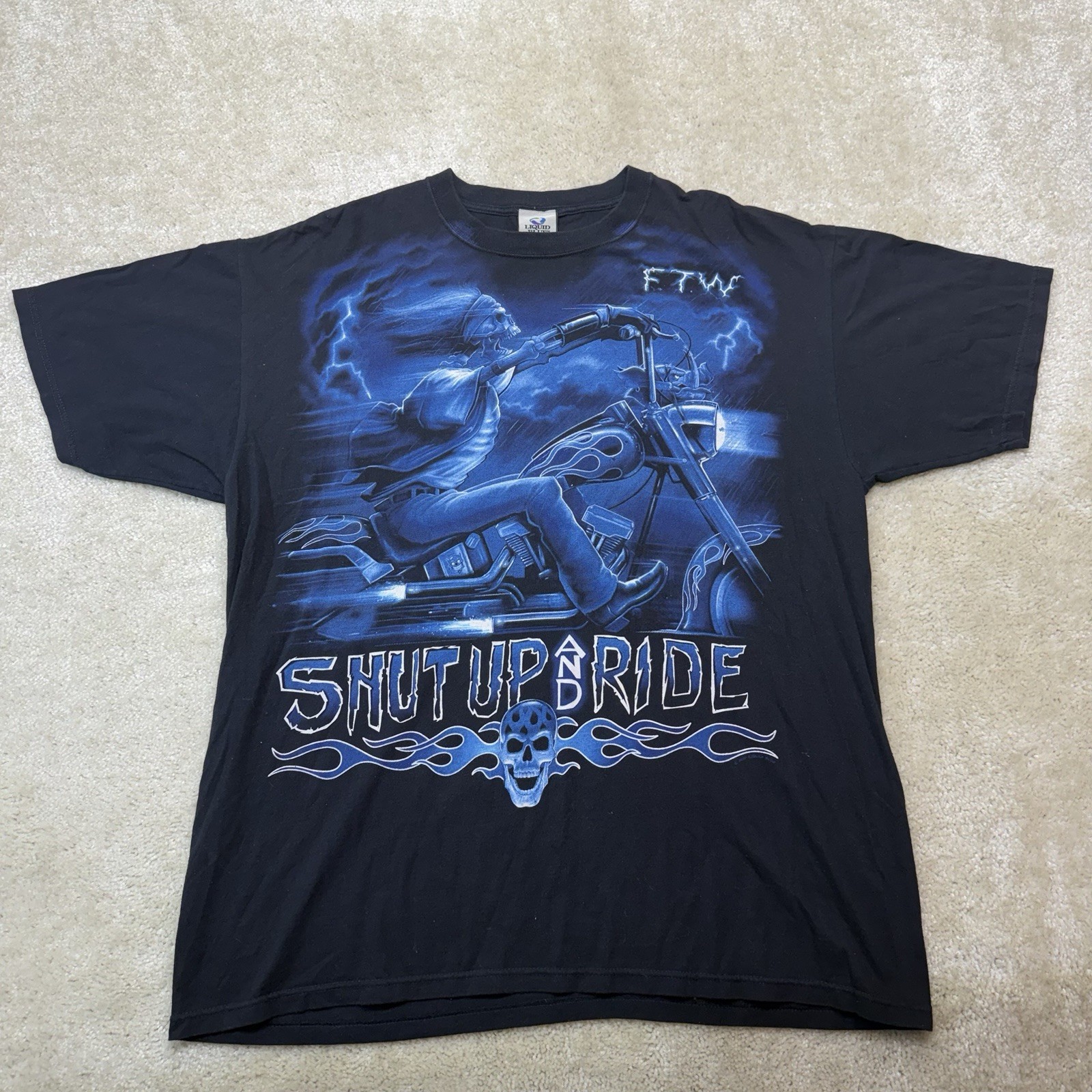 VTG Liquid Blue Shut Up and Ride FTW Skull Tee Shirt Mens 2XL Black Blue Graphic
