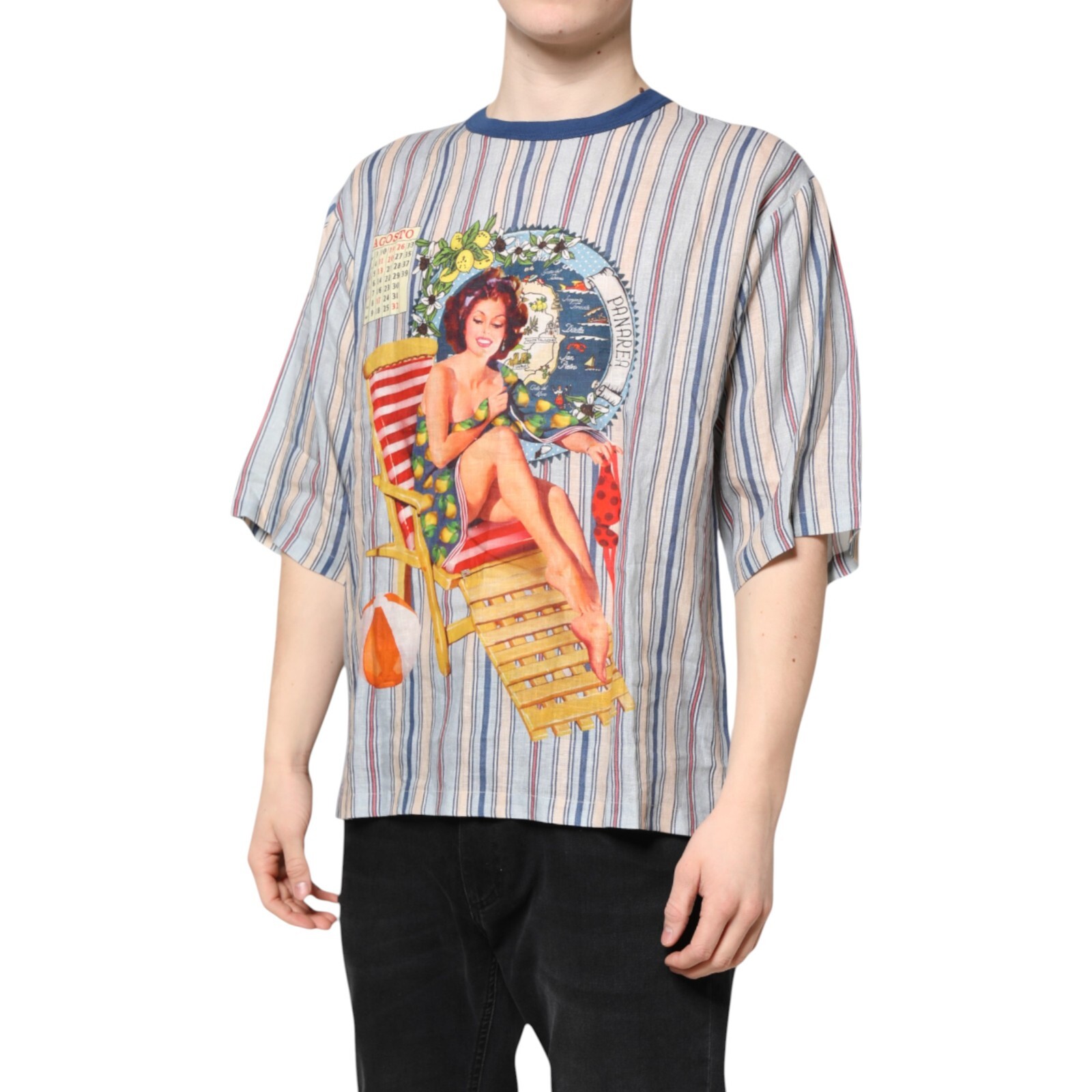 DOLCE & GABBANA T-shirt Multicolor Striped Pin Up Linen Round Neck IT48/US38/M