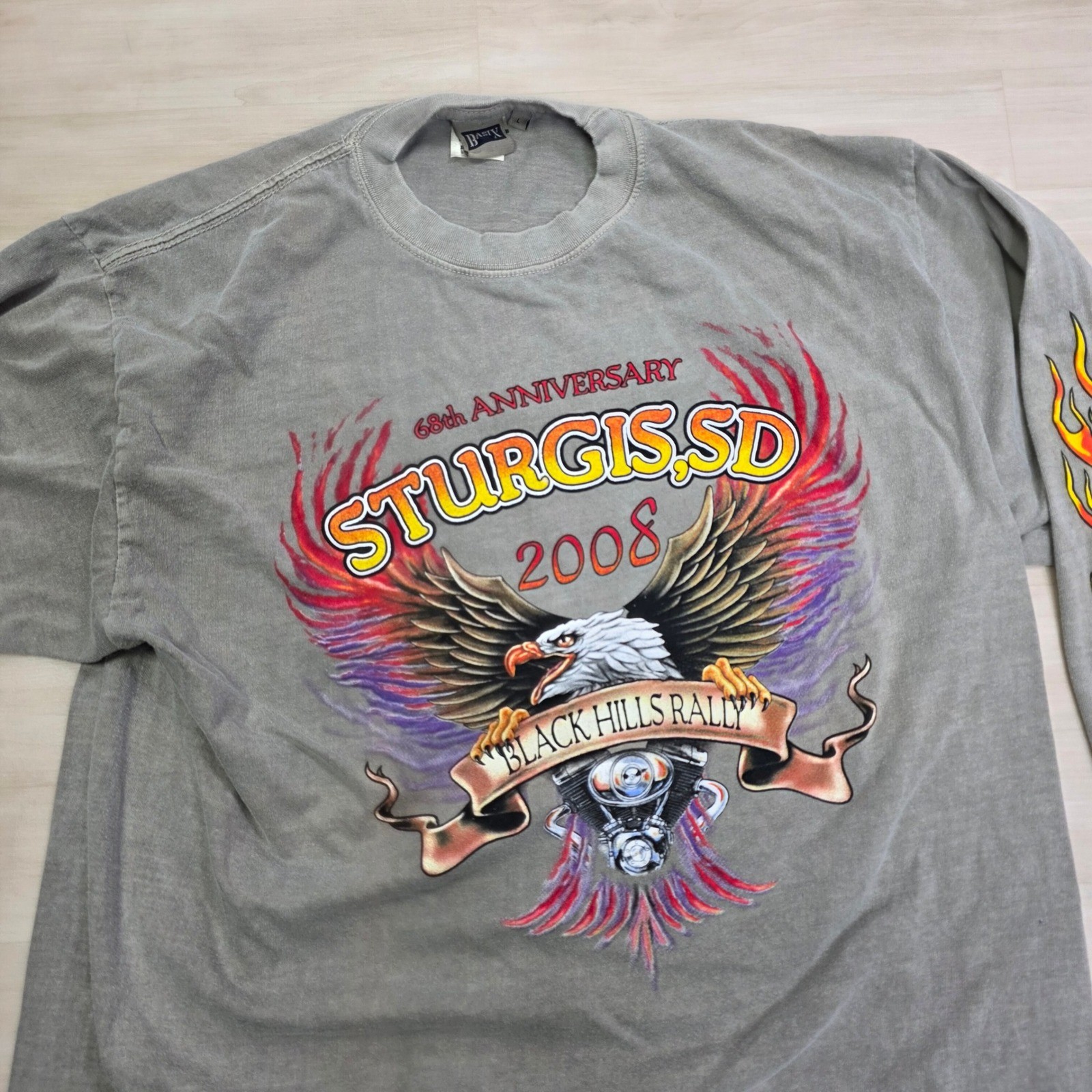 Basix Sturgis SD 2008 Black Hills Rally Flame Sleeve Eagle Size Medium