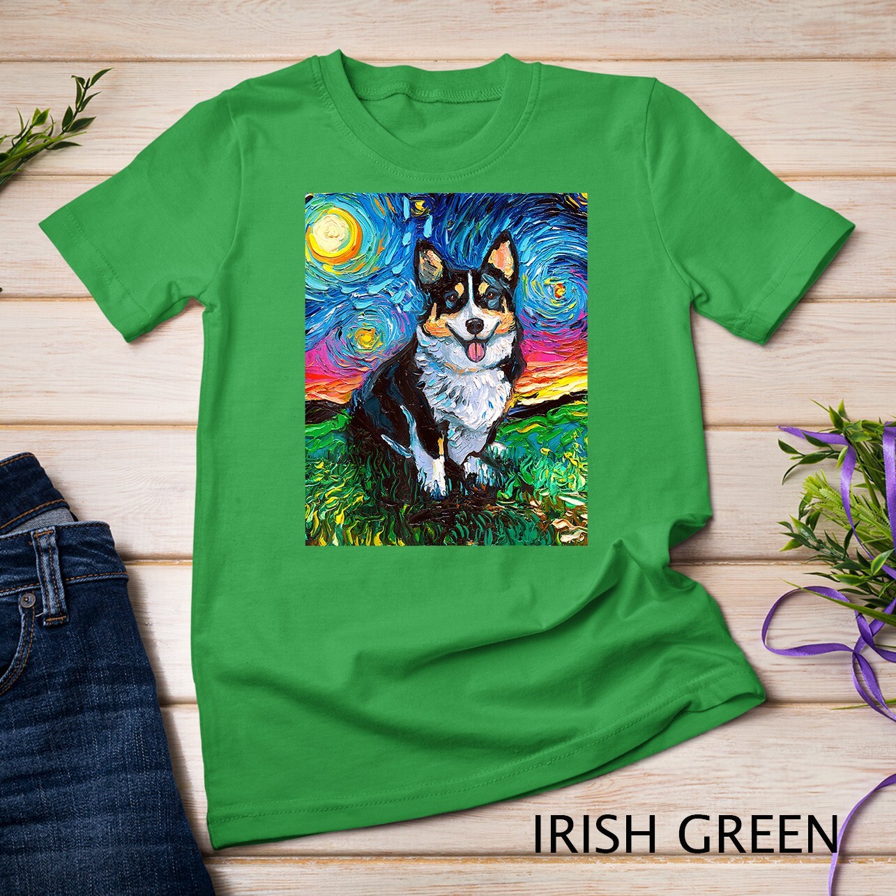 Tri Color Pembroke Welsh Corgi Starry Night Dog Art Unisex T-shirt