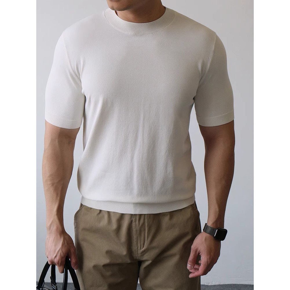 Mens Knitted Half-High Collar Short Sleeve T-Shirt Casual Slim Knit Pullover Top