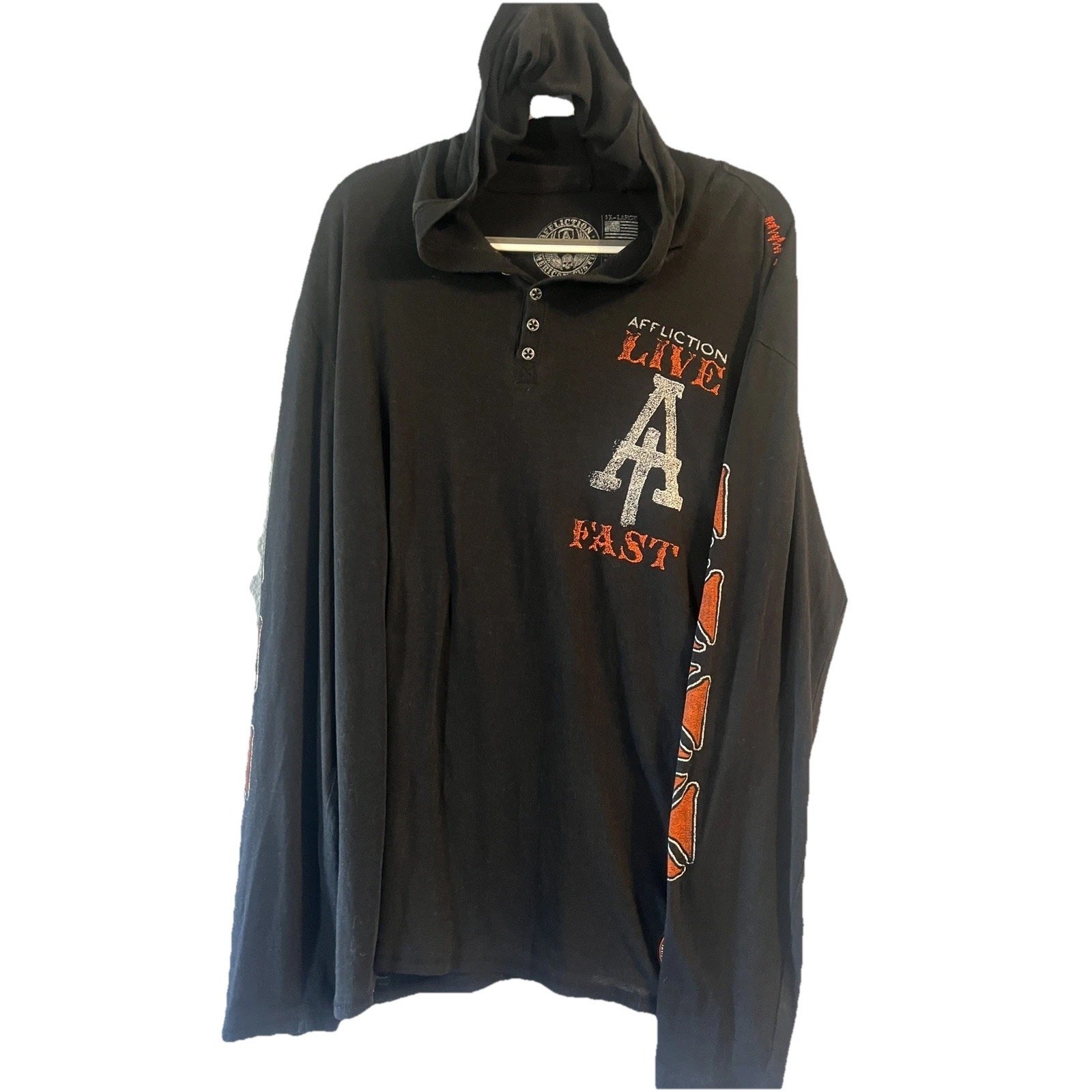 Affliction Live Fast Hooded Henley Shirt XL Skull Cross Wings Biker Goth Y2K
