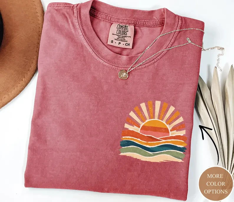 Retro Sun Waves Pocket Print Shirt Vintage Coastal Aesthetic Boho Tee