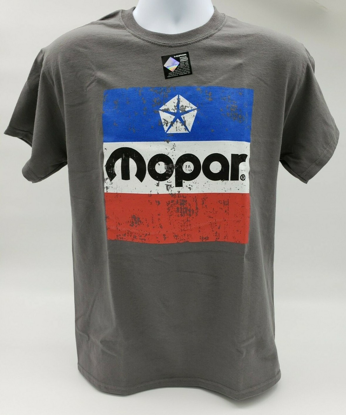 Gray T-Shirt w/ Large Red White & Blue 1972 Mopar Emblem / Logo On Front