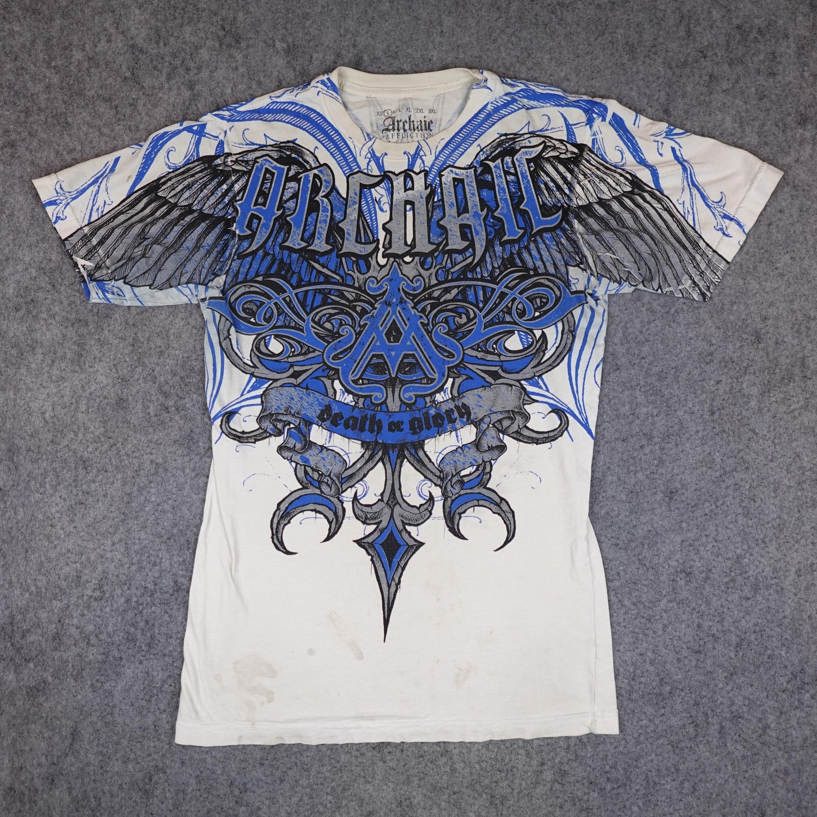 Affliction Shirt Mens Small White Archaic Death Or Glory Skull Wings Archaic Y2K